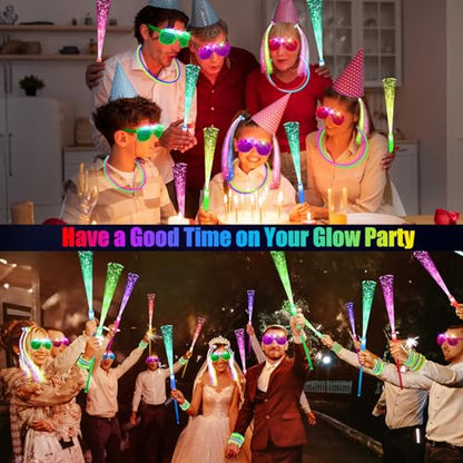 OLUPP 148 PCS Glow in the Dark Party Supplies, 16 Fiber Optic Wands, 14 LED Glasses, 100 Glow Sticks and 18 LED Hair Clips Fiber Optic for Neon Party, Wedding, Birthday, Concert, New Year