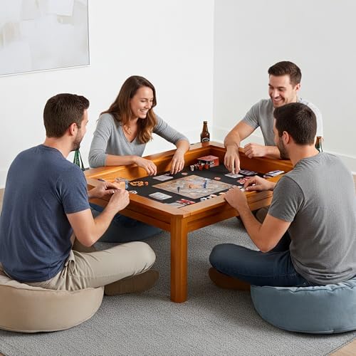 Solid Wood Board Game Coffee Table with Removable Top, 3-in-1 Gaming and Dining Table Includes Play Mat & Detachable Cup Holders, 48" L x 33" W - color: Oak01