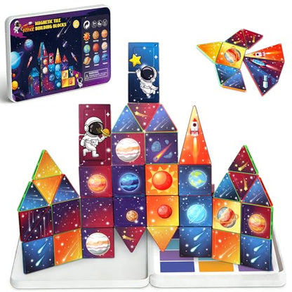Mini Magnetic Tiles Travel Set, 31Pcs STEM Travel Magnatiles with Metal Case, Space Theme Educational & Creative Magnet Tiles for Kids
