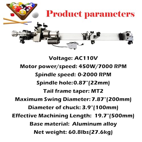 110V Billiard Cue Repair Machine, Pool Cue Lathe Repair Machine Single Track Multi-Function Snooker Cue Fixing Kit 0-2000rpm for Hall/Home/Club 450W
