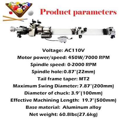 110V Billiard Cue Repair Machine, Pool Cue Lathe Repair Machine Single Track Multi-Function Snooker Cue Fixing Kit 0-2000rpm for Hall/Home/Club 450W