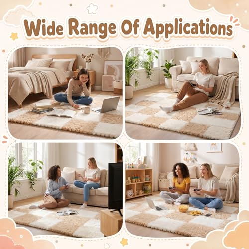 16 Pcs Beige Camel Faux Fur Floor Tiles, 11.8 x 11.8 in Puzzle Girls Play Soft Tiles, 1.5 Inch Shaggy Square, EVA Foam Floor Mat for Nursery, Playroom, Bedroom, Toddler Room, Daycare - color: Beige Camel