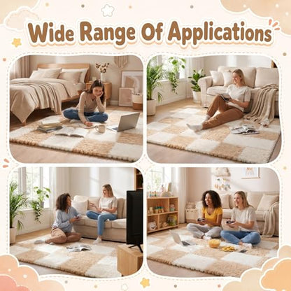 16 Pcs Beige Camel Faux Fur Floor Tiles, 11.8 x 11.8 in Puzzle Girls Play Soft Tiles, 1.5 Inch Shaggy Square, EVA Foam Floor Mat for Nursery, Playroom, Bedroom, Toddler Room, Daycare - color: Beige Camel
