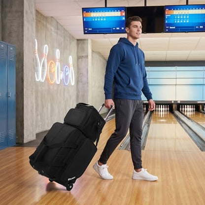 Bowling Roller Bag with Wheels, Rolling Bowling Ball Bag with Shoe Compartment, Retractable Handle, EVA Dividers - color: Black, size: Bowling Bag Set