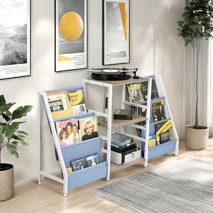 Homy Casa Audio-Visual Shelving Unit – Metal Frame with Wood Shelves & Fabric Bags – Compact AV Equipment Stand, Media Storage Rack for Gaming Accessories & Living Room Organization