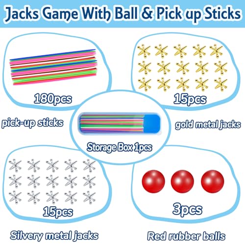 ZeeDix 90 Pcs Pick Up Sticks with 3 Sets Retro Metal Jacks Kit- Include 3 Pcs Red Rubber Balls and 30 Pcs Gold and Silver Metal Jacks, Classic Fun Game Gift of Jacks for Family - style: 4 Set