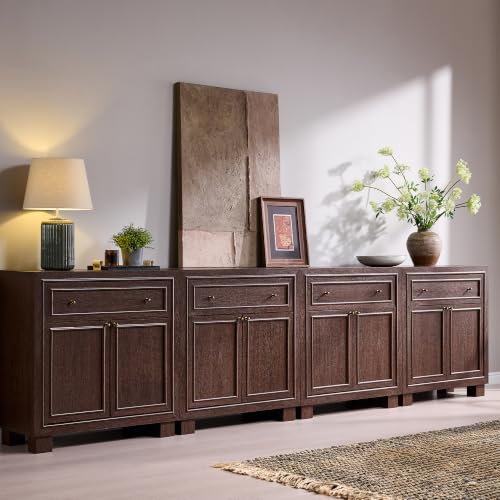 ACCOHOHO Modern Farmhouse Buffet Cabinet, 126" Sideboard Credenza, Modular Storage Cabinet with Framed Panel Fronts, Adjustable Shelves & Dual Base Design, Natural Walnut - color: Natural Walnut, size: 4 Piece
