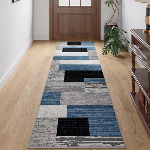 FlyDOIT Modern Geometric Patchwork Area Rug, 2x6 Blue Runner Rugs for Living Room, Rockwood Collection Indoor Rugs for Bedroom, Throw Carpet Floor Decor for Entryway Dining Room Office Nursery - color: Blue, size: 2' x 6' (Rectangular)