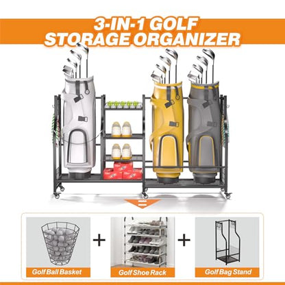 Ultrawall Golf Bag Storage Rack Organizer, Golf Bag Holder Stand for Garage, Golf Equipment Rack - size: 57.75in-Holds 3 Golf Bags