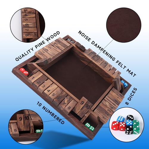 GSE Games & Sports Expert 1-4 Player Wooden Shut The Box Dice Board Game with 8 Dice. 4-Way 10 Numbered Shut The Box Set of Popular English Pub Board Game - Walnut - color: Walnut Stained Wood