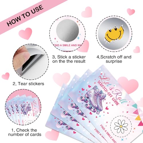 50 Pcs Let's Roll Theme Scratch off Game Cards, Roller Skate Themed Party Games Scratch Cards for Outdoor Fun, Funny Birthday Party Raffle Tickets for Lottery Group Activity - color: Pink Purple