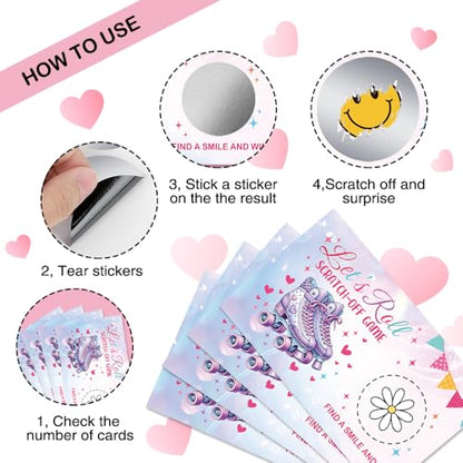 50 Pcs Let's Roll Theme Scratch off Game Cards, Roller Skate Themed Party Games Scratch Cards for Outdoor Fun, Funny Birthday Party Raffle Tickets for Lottery Group Activity - color: Pink Purple