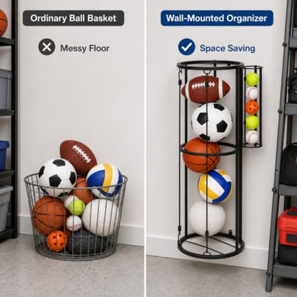 Garage Ball Storage Rack Wall Mount, Vertical Sports Ball Organizer with Small Ball Holder Basketball Soccer Volleyball Football Holder, Space Saving Metal Ball Rack for Garage, Gym, Playroom