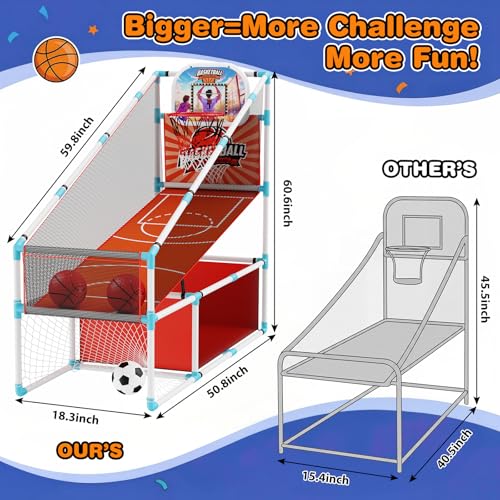2 in 1 Kids Arcade Basketball Hoop &Soccer Goal,LED Lights Electronic Scoreboard, Adjustable Height Basketball Game Set,Indoor Outdoor Sport Toys Gift Toddlers Boys Girls Ages 3-12 Home Party