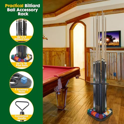 Pool Cue Rack Floor Stand | Wood Billiard Stick Holder & Game Room Organizer | Holds 9 Cues, Full Ball Set & Accessories | Classic Triangle Design for Stability & Style | Easy Assembly