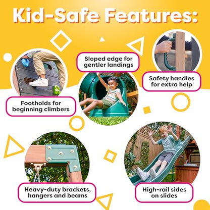 KidKraft Buffalo Crossing Wooden Outdoor Swing Set with Tube Slide | Two-Story Playhouse, Rock Wall, Glider, Faux Stone Facade, Planter Boxes