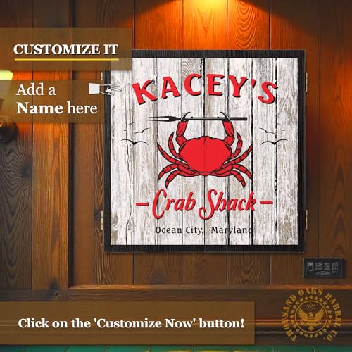 Personalized Dart Board Cabinet Set with 6 Steel Tip Darts, Paper Dartboard, Chalk & Eraser (21.5 x 21.5 x 2.75) - Man Cave Dart Boards for Adults - style: Crab Shack