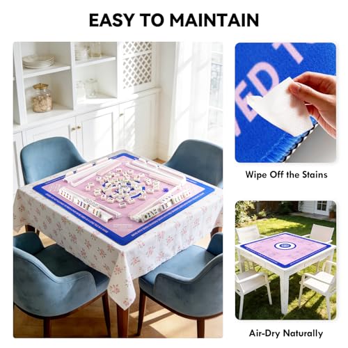 32x32 Non-Slip Noise Reduction Mahjong Mat with Rules for Learning | Pink & Blue Portable Rubber Mahjong Table Cover with Bag for Poker Board Games Cards Tiles & Dominoes - color: Pink & Blue