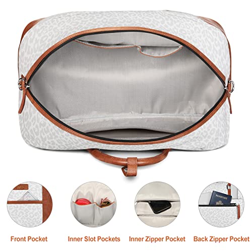 Weekender Bag for Women, Large Overnight Bag Canvas Travel Duffel Bag Carry On Tote with Shoe Compartment 21" 3Pcs Set - color: A07-brown+gray leopard