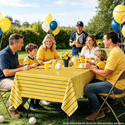 4 Pcs Plastic Baseball Tablecloths, Rectangle Yellow Blue Stripe Table Cloth for Baseball Team Game Day Banana Team Sports Theme Party Supplies, 51 x 86 Inches - color: Blue on Yellow