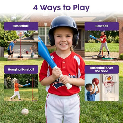 Kids Basketball Hoop Set with T Ball Stand, 4 in 1 Adjustable Kids Sports Toy Indoor Outdoor, Basketball Goal for Kids 2 to 8, Easy Setup, Durable Base, Gift Toy