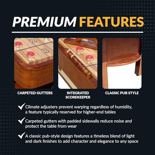 Hathaway Merlot 12 Foot Shuffleboard Table for Family Game Room - with Lacquer Coated Playfield, Built-in Scorer and Cabinet, Climate Adjusters, Leg Levelers, 8 Pucks, Brush, and Wax - Walnut Finish