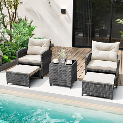 Tangkula 5 Pieces Patio Conversation Set, PE Wicker Rattan Outdoor Furniture Set with 2 Chairs, 2 Ottomans & Tempered Glass Coffee Table, Ideal for Poolside, Backyard, Lawn, Deck, Mix Grey & Off White - color: Mix Grey & Off White