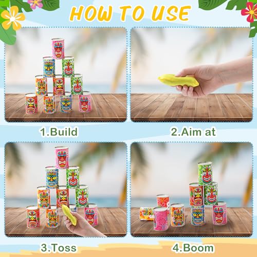 Jingmore Luau Party Games Tiki Can Toss Game Bean Bag Toss with 10 Tin Cans and 3 Bean Bag for Summer Luau Family Birthday Tropical Hawaii Aloha Indoors Outdoors Activities Party Supplies - style: Luau