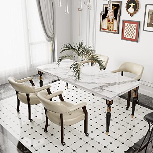 Set of 4 Dining Leather Chairs with Casters & Arms, Accent Captain Chair with Wheels, Roller Wood Wheeled Chairs for Kitchen & Game Poker Table,Espresso&Beige 1910BG(NO Table!) - color: Espresso&beige