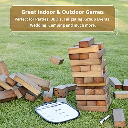 ApudArmis Giant Tumble Tower Stack to Over 5Ft, 56 PCS Pine Wooden Stacking Timber Game with 1 Dice Set - Classic Block Giant Outdoor Game (7.48 * 2.48 * 1.5In Each Block, Brown) - color: Brown, size: XL-Over 5FT