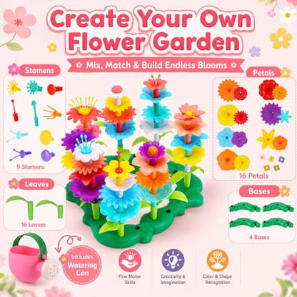 FUNZBO Girl Flower Garden Building Toys Set - Birthday Gifts for Age 3 4 5 6 7 8 Years Old Girls, STEM Montessori Educational Toy for Toddler Kids, Sorting & Stacking Spring Gardening Set - size: Starter Set - 46pcs