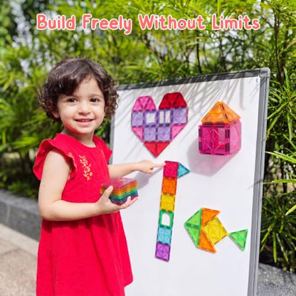 Bmag 100PCS Magnet Building Blocks with 2 Cars for Kids, Magnetic Tiles Stacking Building Set for Boys Girls, STEM Preschool Educational Learning Construction Toy - size: 100