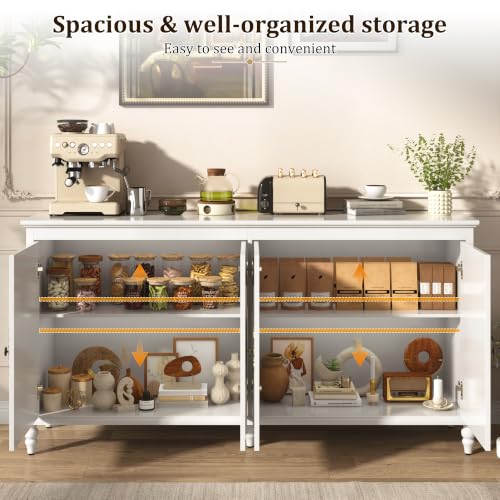 Hlivelood 65" Buffet Cabinet with Storage, Mid Century Modern Sideboard with Adjustable Shelves, Paint Cabinet, Wood Carving Design, Brass Carved Handles & Solid Wood Gourd Legs, Pearl White - color: Pearl White