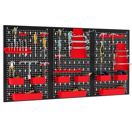 Goplus Pegboard Wall Organizer, 9-Bin Parts Rack Organizer w/Hammer Racks, Tool Holders & Hooks, Heavy-Duty Utility Tool Storage Board w/Accessories for Garage, Workshop, Craft Room - color: Red