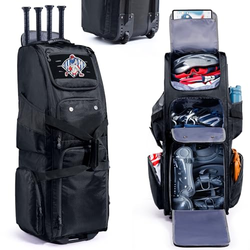 Rolling Baseball Bat Bag with Wheels, Large Capacity Gear Bag Holds 4 Bats, Reinforced Hard Base & Structured Back Panel, Top & Bottom Grab Handles, Shoe & Helmet Compartments for Youth &Adult Players - color: Black