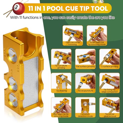 11-in-1 Aluminum Alloy Pool cue Tips Replacement kit,Pool cue tip Shaper,Professional Cue Stick Tool Kit,Pool cue Shaper Accessories for Replacement and Shaping Cue Tips (Yellow)