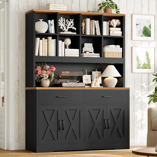 TEENFON Storage Cabinet with Doors and Drawers, Pantry Cabinets, 5 Tier Floor Standing Bookshelves, Bookshelf and Bookcase, 8 Open Storage Shelves and Printer Stand for Study, Living Room, Office - color: Black