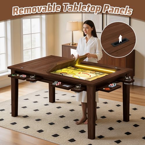Haddockway Board Game Table with Adjustable Led Lights, 53.7in x 30.7in Play Area Removable Table Top Dining/Gaming Table with Charge Station, Play Mat, 6 Cup Holders & Trays (Black Walnut) - color: Blackwalnut With Led Light