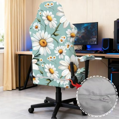 Suobstales Green Daisy Flower Pattern Stretch Gaming Chair Cover with Armrest Cover, Soft Computer Chair Cover Dust Protection Rotating Desk Chair Protector Cover for Office Computer Racing Seat - color: Green Daisy Flower