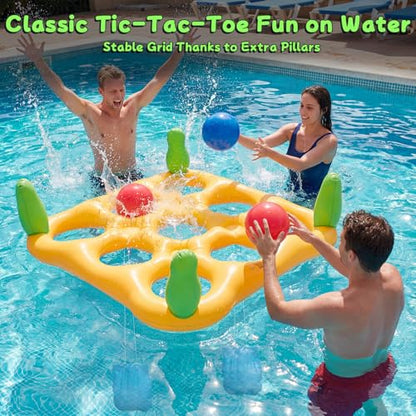2 in 1 Pool Toys Games Set Inflatable Pool Float with 10 Balls & 8 Rings Tic-Tac-Toe Pool Games, Fun Summer Party Beach Outdoor Yard Game - color: Yellow
