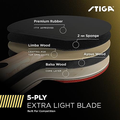 STIGA Bullet Ping Pong Paddle – 5-ply Extra Light Blade – 2mm Premium Sponge – Flared Handle for Masterful Grip – Performance Table Tennis Racket for Competitive Play - style: Bullet