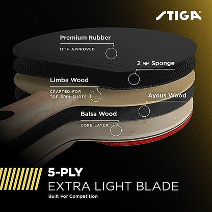 STIGA Bullet Ping Pong Paddle – 5-ply Extra Light Blade – 2mm Premium Sponge – Flared Handle for Masterful Grip – Performance Table Tennis Racket for Competitive Play - style: Bullet