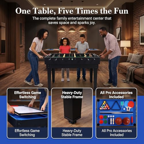 5-in-1 Multi-Game Table - Billiards, Push Hockey, Foosball, Ping Pong, and Basketball, Game Table Combo for Home Game Room Or Entertainment Space, Black - size: 5-in-1 Multi-Game Table Black