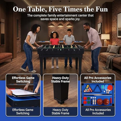 5-in-1 Multi-Game Table - Billiards, Push Hockey, Foosball, Ping Pong, and Basketball, Game Table Combo for Home Game Room Or Entertainment Space, Black - size: 5-in-1 Multi-Game Table Black