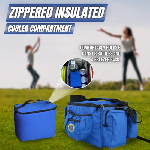 Disc Golf Bag with Removeable Cooler,13 Disc Capacity with Insulated Cooler for a 6-Pack,22 disc max,Adjustable Backpack Strap Included - color: BLUE