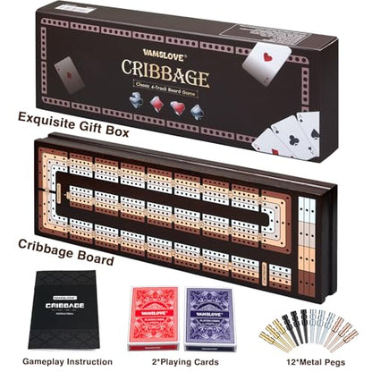 VAMSLOVE Upgraded Wooden 4-Track Cribbage Board Game Magnetic Scoreboard with Large Slots for Storing 2 Playing Cards and 12 Metal Pegs, Travel Family Game Night (Instruction Included)