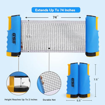 GSE Games & Sports Expert Adjustable Retractable Ping Pong Net Set & Post. Professional Table Tennis Rackets and Balls, Net with Posts and Storage Bag - Pingpong Paddle and Game Table Accessories. | Adjustable - color: Blue Net