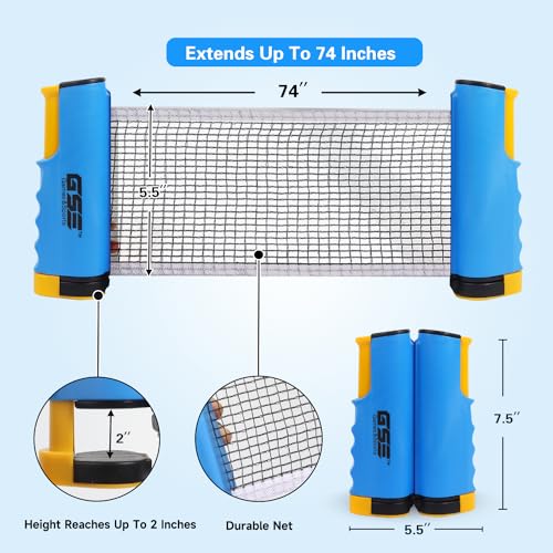 GSE Games & Sports Expert Adjustable Retractable Ping Pong Net Set & Post. Professional Table Tennis Rackets and Balls, Net with Posts and Storage Bag - Pingpong Paddle and Game Table Accessories. | Adjustable - color: Blue Net