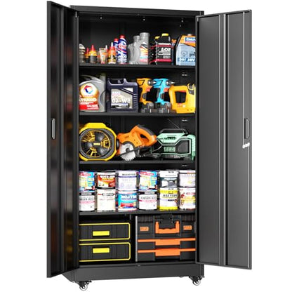 Greenvelly 73" Metal Storage Cabinet with Wheels, Lockable Rolling Metal Garage Cabinets with 2 Doors and 4 Adjustable Shelves, Rolling Tool Cabinet for Garage, Home Office, School - color: Black, style: 73"H-Wheels