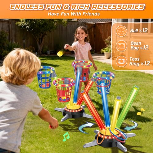 VATOS 3 in 1 Bean Bag & Ring Toss Game, Musical Jumping for Kids, Electric Spinning Base with Remote, Lights, 12 Sandbags, 12 Tossing Rings, 12 Balls, Indoor Outdoor Backyard Sport Toy for Boy Girl 3+